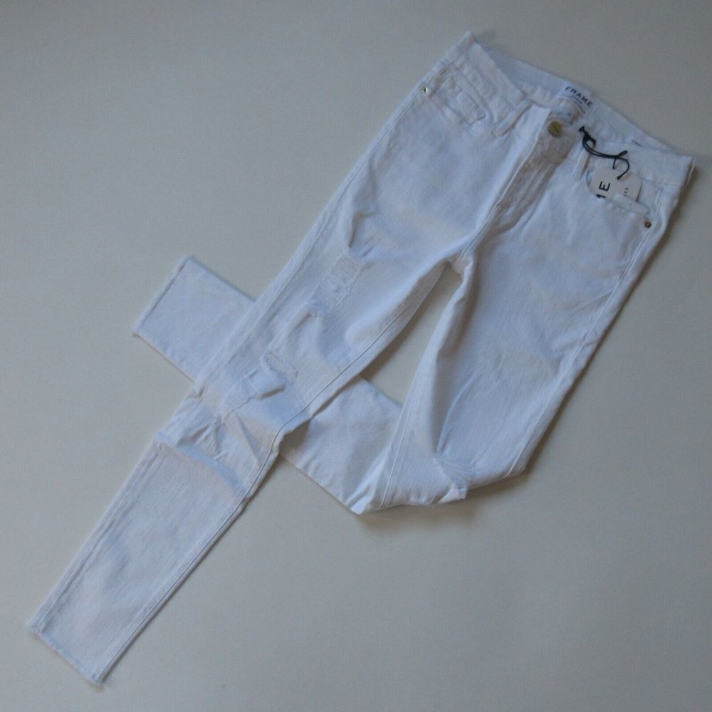 NWT FRAME Le Skinny de Jeanne in Blanc Jefferson Rip Destroyed Stretch Jeans 29